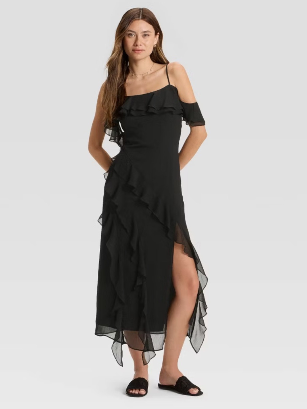 wild fable Black One-Shoulder Ruffle Maxi Dress